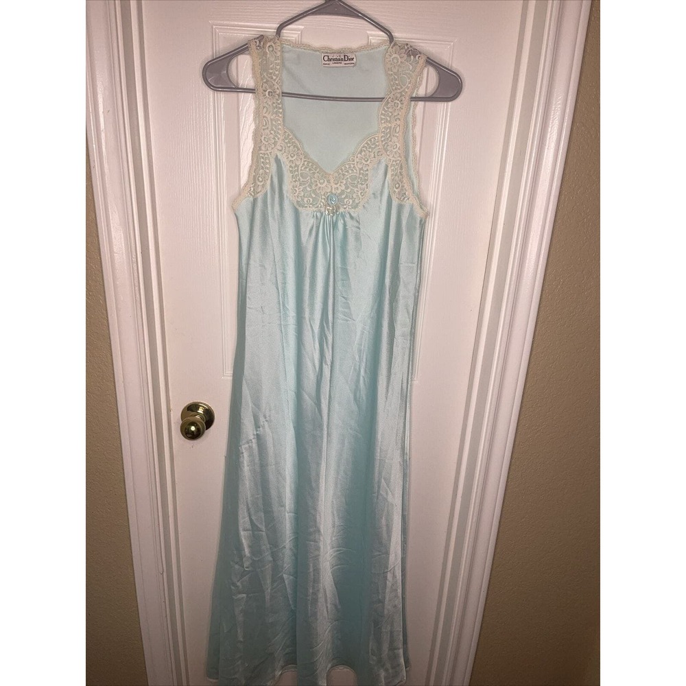 Christian Dior Lingerie Nightgown Sz Small Blue with Lace vintage